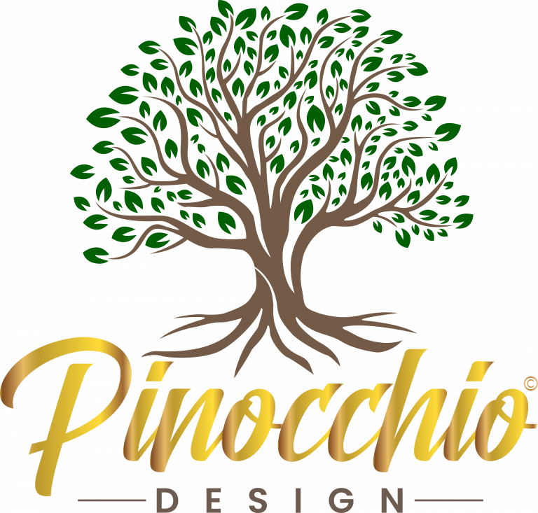 Logo Pinocchio Design: Stylizovaný zlatý strom v černé siluetě s nápisem Design