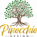 Logo Pinocchio Design: Stylizovaný zlatý strom v černé siluetě s nápisem Design