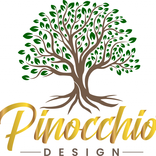 Logo Pinocchio Design: Stylizovaný zlatý strom v černé siluetě s nápisem Design